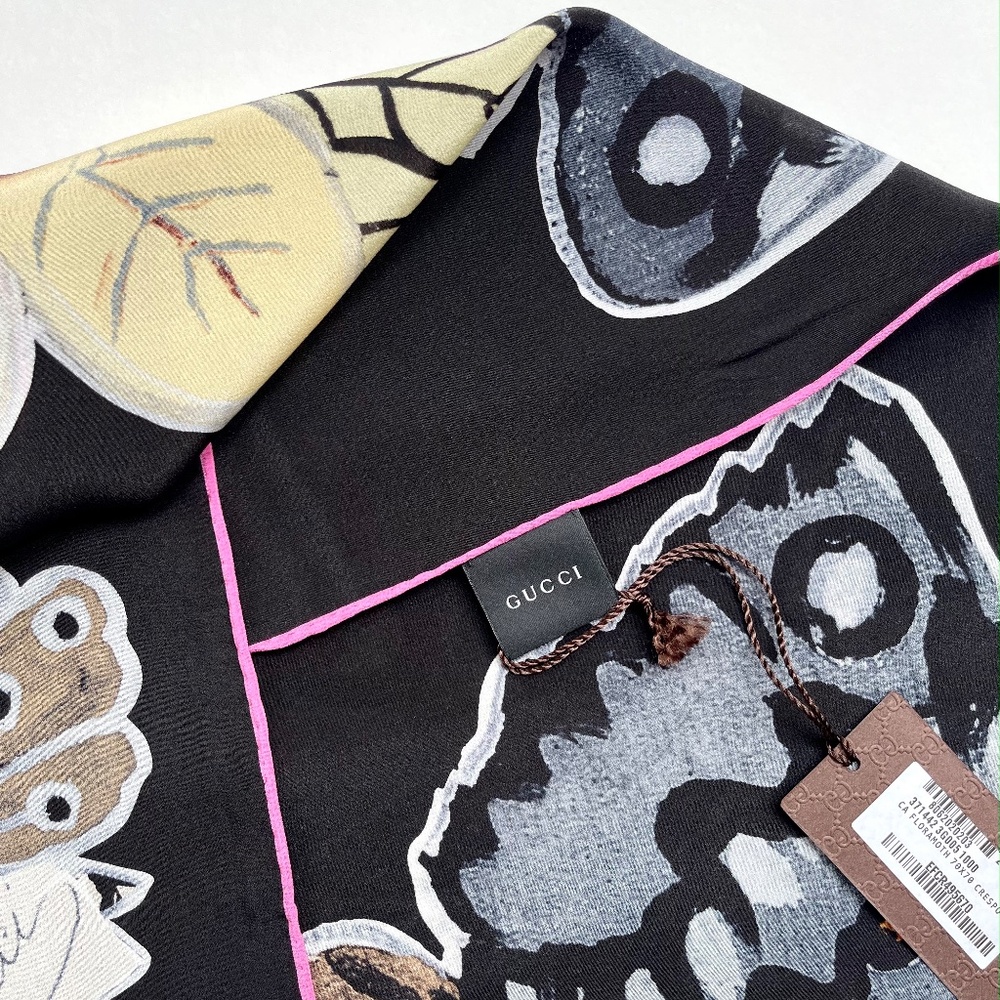 Gucci Unisex Scarf Kris Knight Butterfly Flora Black Silk Wrap - Picture 13 of 14